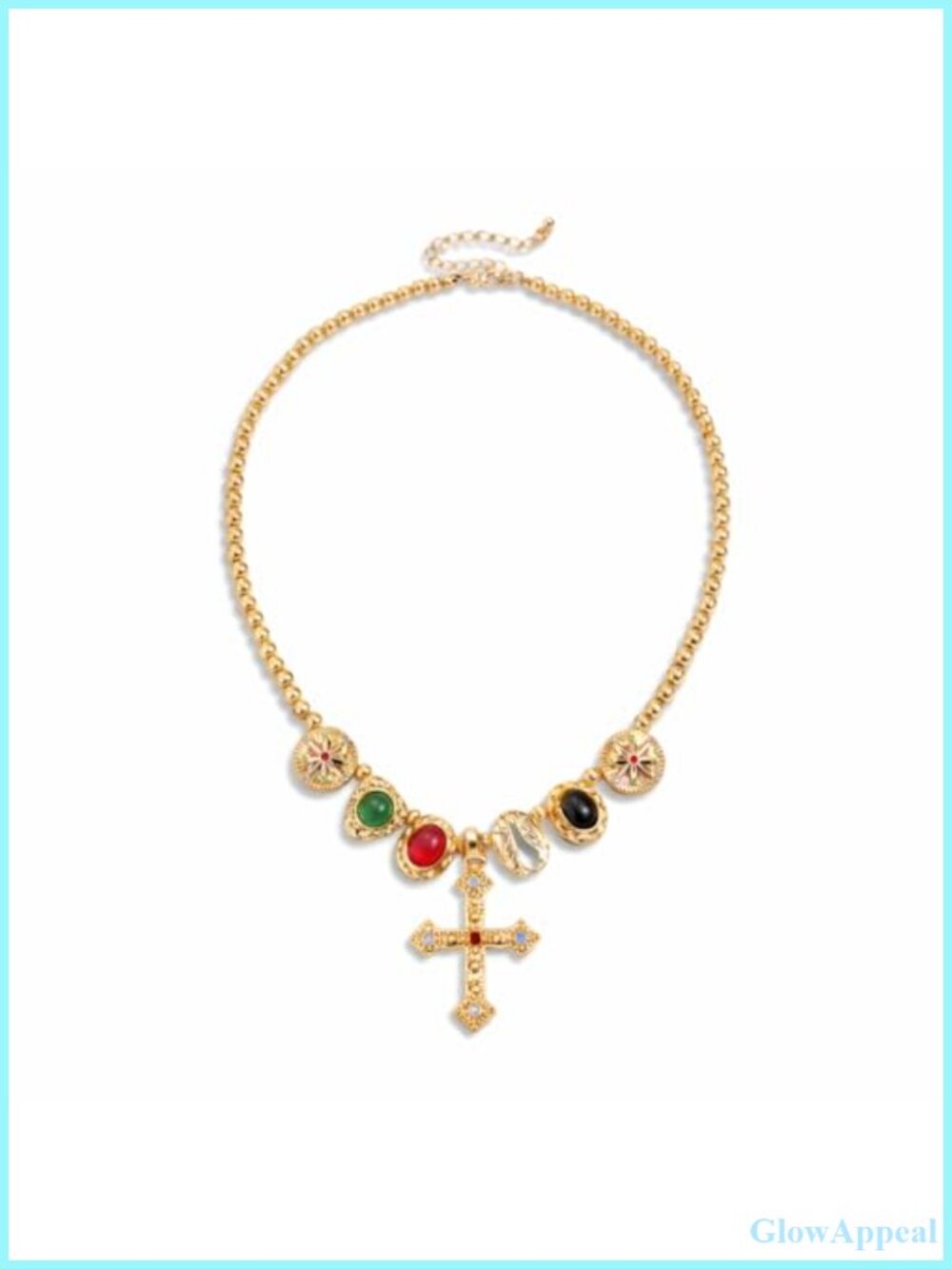 Gold Tone Beaded Cross Charm Pendant Necklace Boho Statement Jewelry